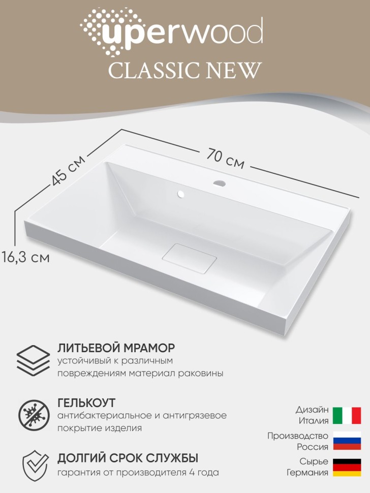 Раковина для ванной 70 см, Uperwood Classic New, белая глянцевая, с накладкой для слива