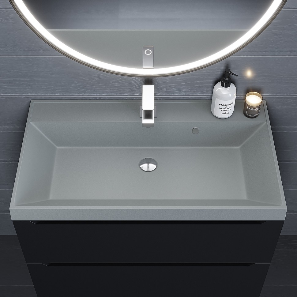 Раковина для ванной 80 см, Uperwood Classic Quartz, кварцевая, серая матовая, платина