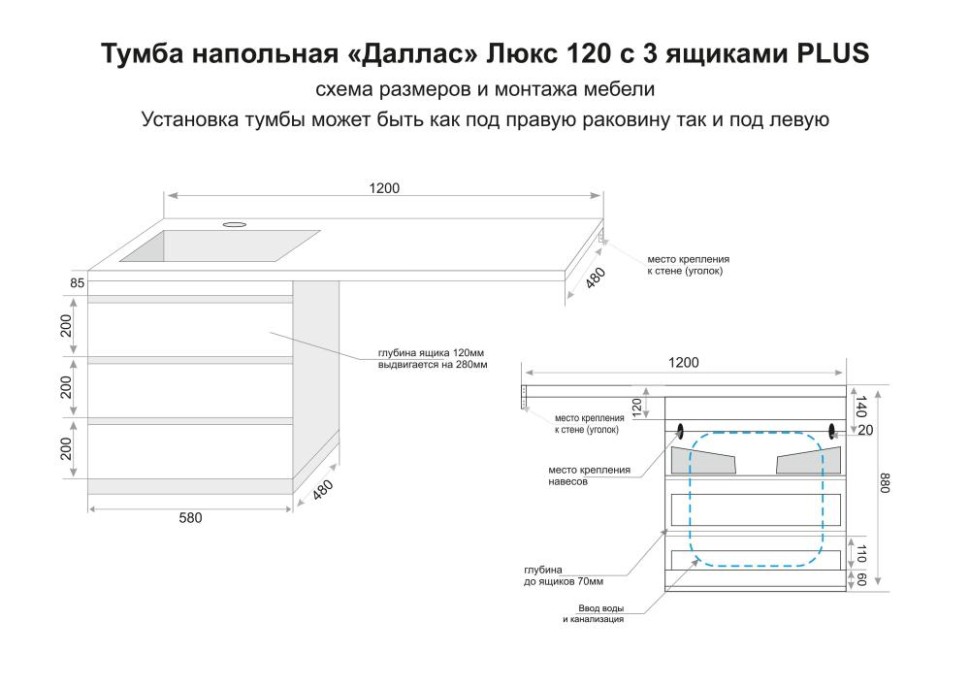 Тумба напольная STYLELINE "Даллас 120" (3 ящ.) Люкс Плюс серая под раковину ESTETUS Даллас 1200*480 левый