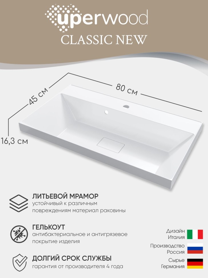 Раковина для ванной 80 см, Uperwood Classic New, белая глянцевая, с накладкой для слива