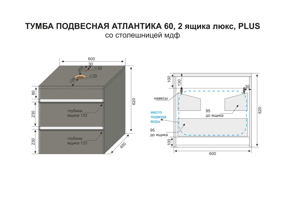 Тумба подвесная STYLE LINE "Атлантика 60", Люкс бетон темный, (2 ящ.), со столешницей МДФ, PLUS