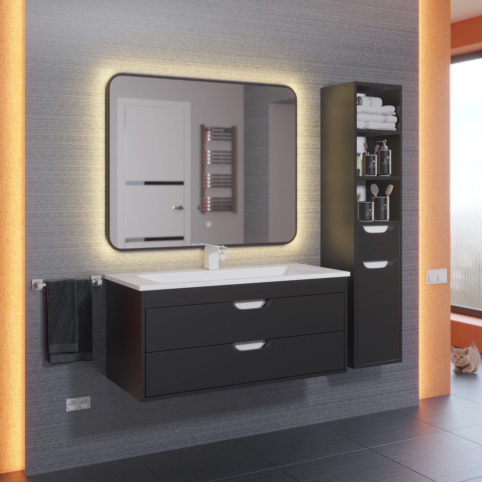 Зеркало для ванной с теплой подсветкой Uperwood Modul 80х80 см, прямоугольное, черное, сенсор/антизапотевание