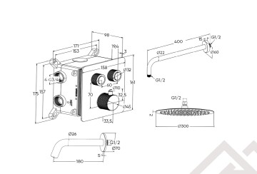 Душевая система скрытого монтажа для душа MILLEAU Tissage TERMO 2SBIT/324.1-CR на 2 потока (комплект с монтажным блоком), хром