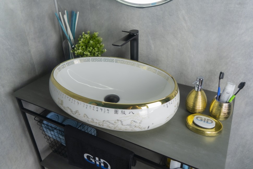 Раковина Gid Nc472 52222 накладная белая / золото 60x41x15