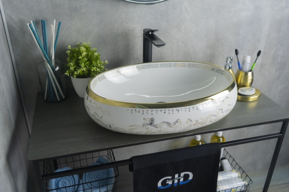 Раковина Gid Nc472 52222 накладная белая / золото 60x41x15