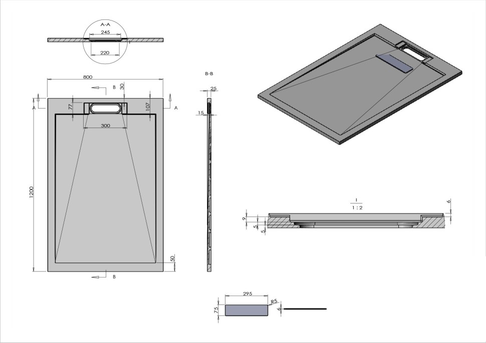 Поддон для душа из искусственного камня VST-4SRL8012G,1200*800*25, серый