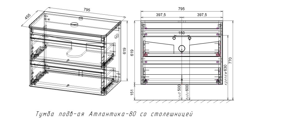 Тумба подвесная STYLE LINE "Атлантика 80", Люкс бетон темный, (2 ящ.), со столешницей МДФ, PLUS