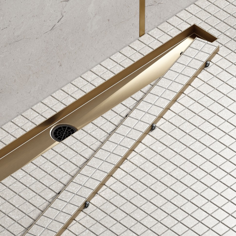 Душевой лоток TIMO Drain System 600 с двусторонней панелью "plate" под плитку, Золото матовое