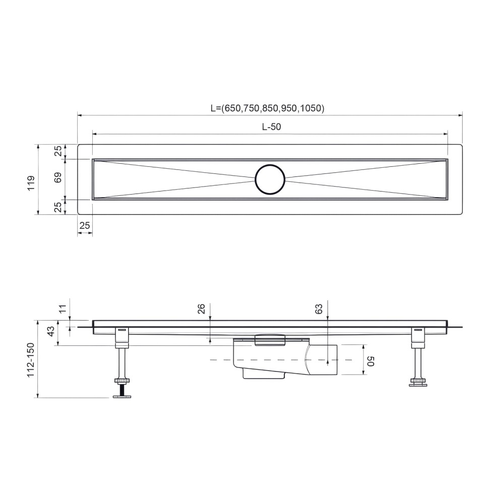 Душевой лоток TIMO Drain System 700 с вставкой "lines", Хром