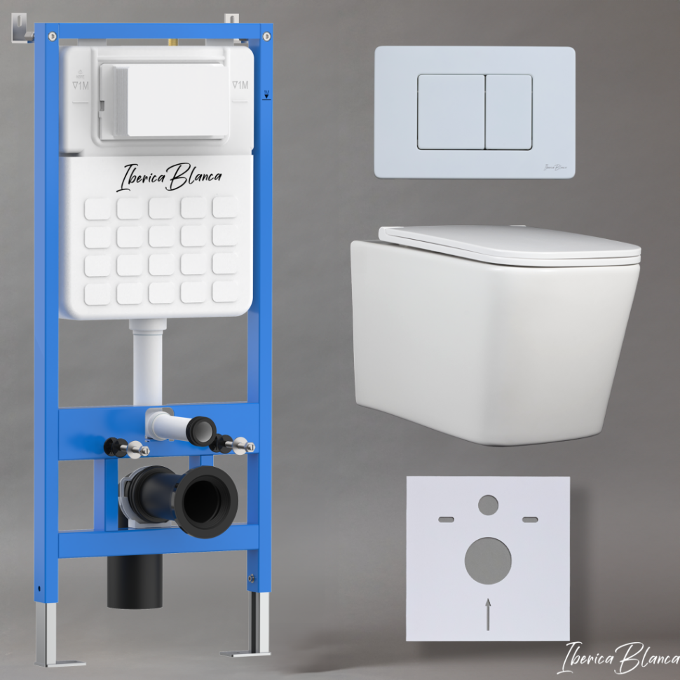 Комплект 3в1 IBERICA BLANCA инсталляция SILENCIO, унитаз TOLEDO ALTO белый, кнопка смыва INOX-C белый матовый (IB001.TLA.231.111)