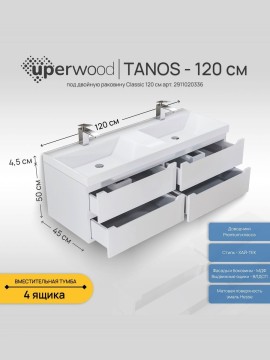 Тумба под двойную раковину для ванной подвесная Uperwood Tanos 120х45х50 см, белая, 4 ящика