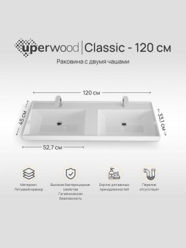 Тумба под двойную раковину для ванной подвесная Uperwood Tanos 120х45х50 см, белая, 4 ящика
