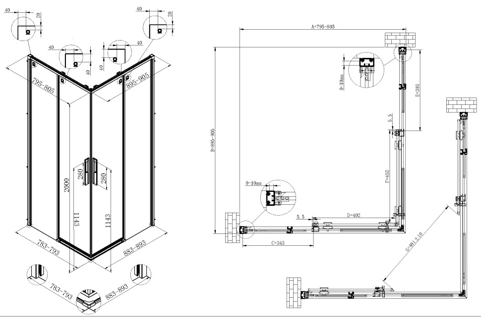 Душевой уголок Ультима (Ultima) VSS-7UL8090CLG, 800*900, брашированное золото, стекло прозрачное