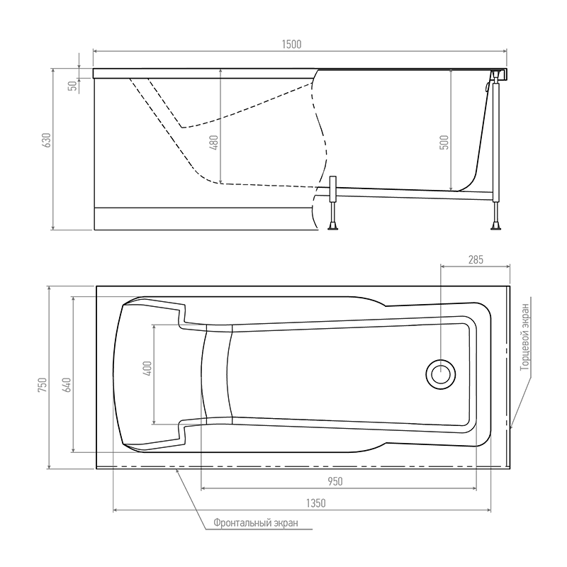 Комплект Акриловая ванна TIMO HELLA1575 150*75*63+Каркас + Слив-перелив+Фронтальная панель+Торцевая панель