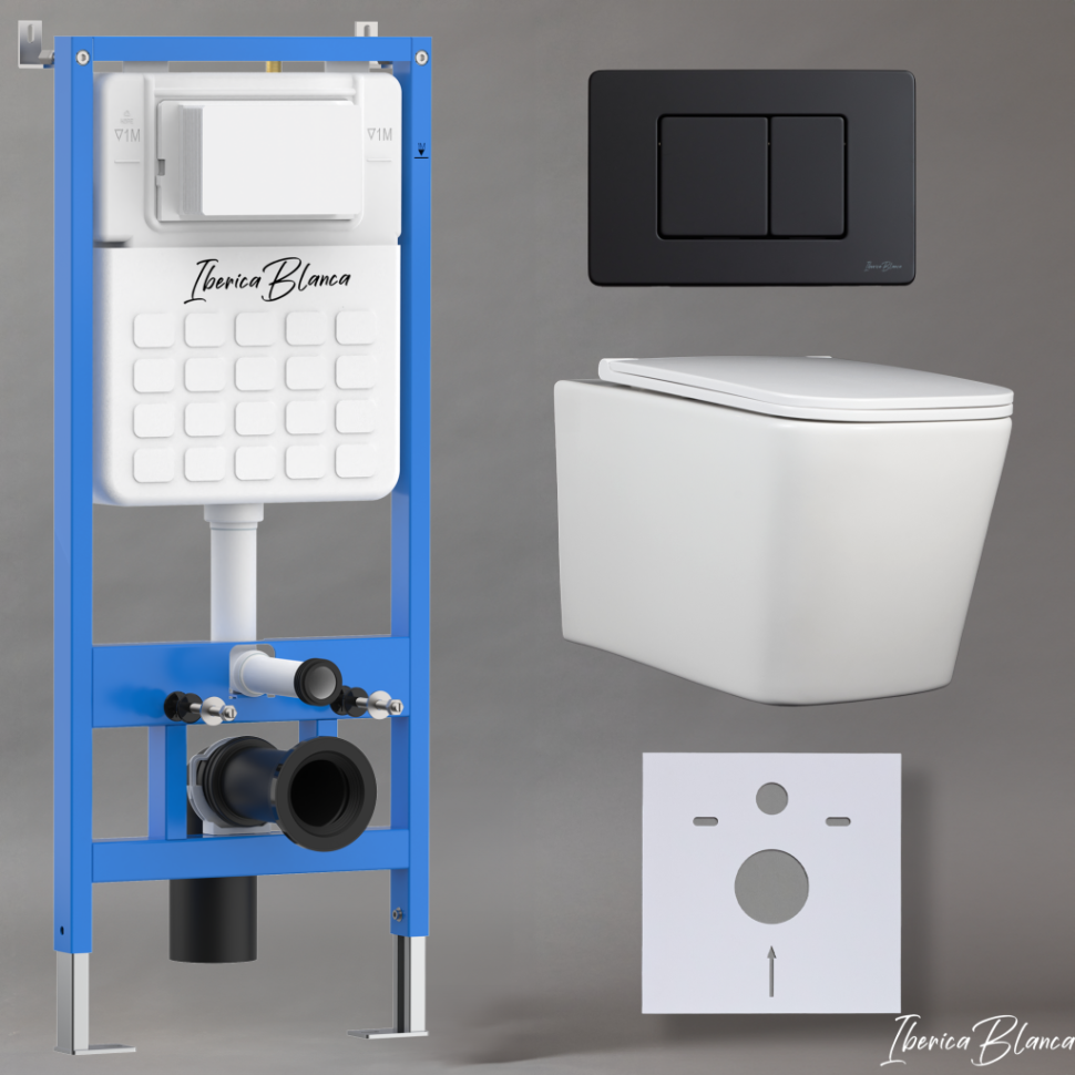 Комплект 3в1 IBERICA BLANCA инсталляция SILENCIO, унитаз TOLEDO ALTO белый, кнопка смыва INOX-C черный матовый (IB001.TLA.231.112)