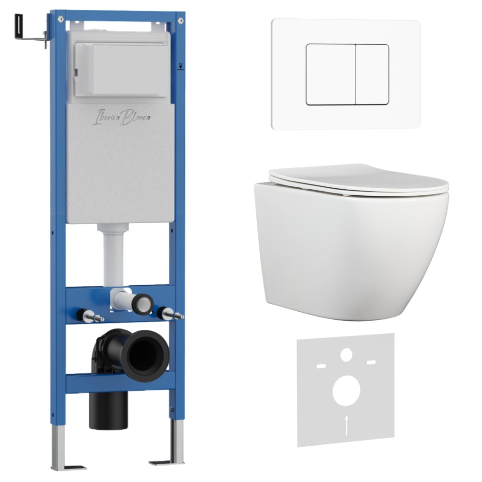 Комплект 3в1 IBERICA BLANCA инсталляция SILENCIO MINI, унитаз BILBAO ALTO белый, кнопка смыва INOX-C белый матовый (IB.001M.BLA.234.111)