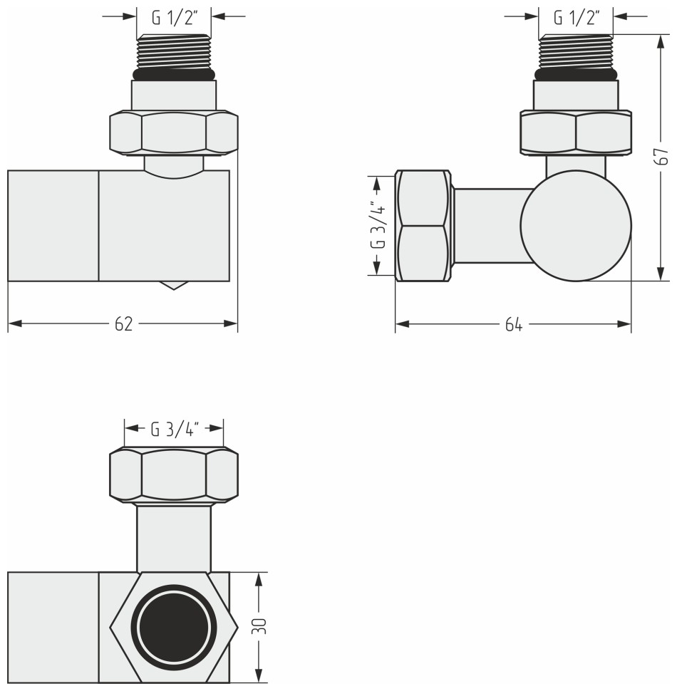 Вентиль 3D правый под шестигранник (G 1/2" НР х G 3/4" НГ)