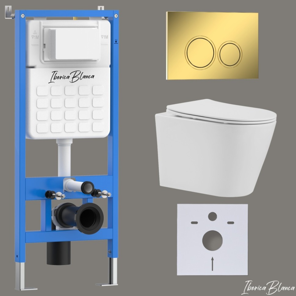 Комплект 3в1 IBERICA BLANCA инсталляция SILENCIO, унитаз BURGOS ALTO белый, кнопка смыва ESTI-O золото глянцевое (IB001.BRA.231.826)