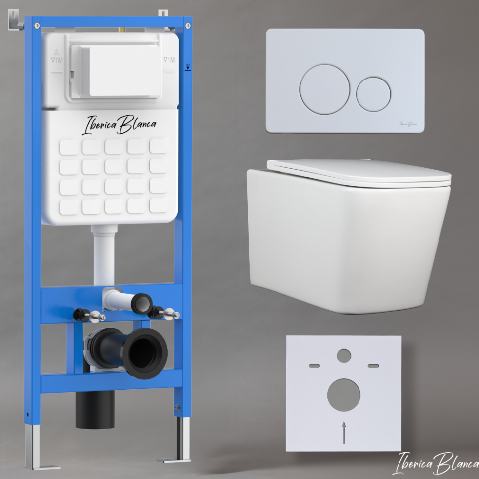 Комплект 3в1 IBERICA BLANCA инсталляция SILENCIO, унитаз TOLEDO ALTO белый, кнопка смыва INOX-O белый матовый (IB001.TLA.231.811)