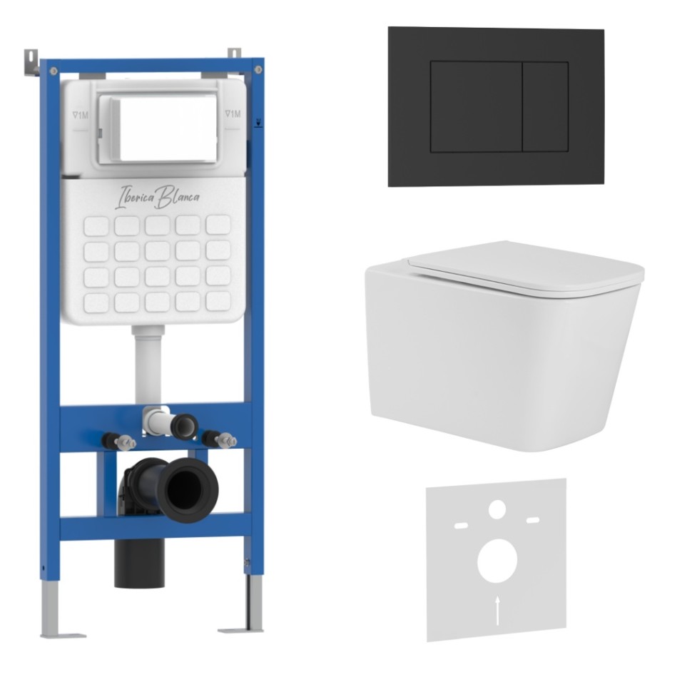 Комплект 3в1 IBERICA BLANCA инсталляция SILENCIO, унитаз TOLEDO ALTO белый, кнопка смыва ESTI-S черный матовый (IB001.TLA.231.851)