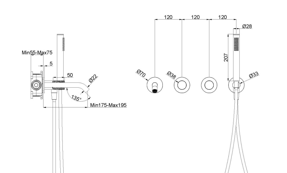 Смеситель для ванны Аура (Aura) VBTW-6AU1GM, встраиваемый, вороненая сталь