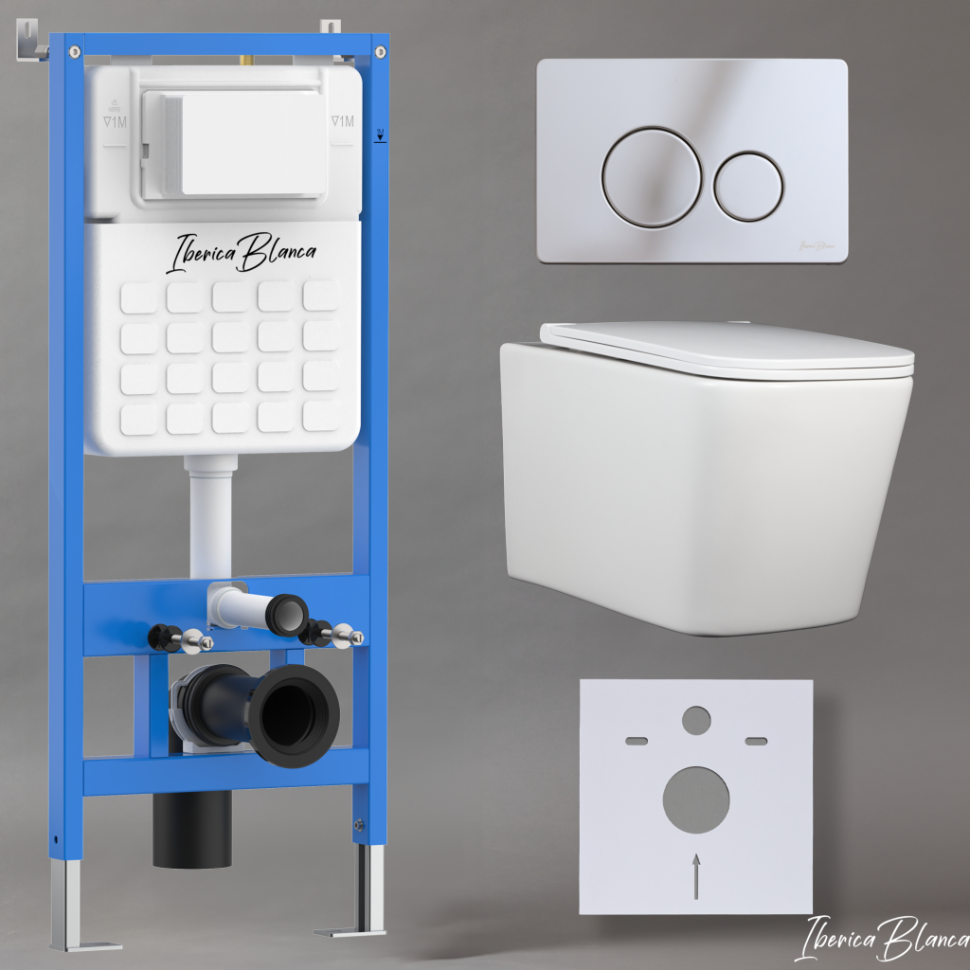 Комплект 3в1 IBERICA BLANCA инсталляция SILENCIO, унитаз TOLEDO ALTO белый, кнопка смыва INOX-O хром глянцевый (IB001.TLA.231.8131)