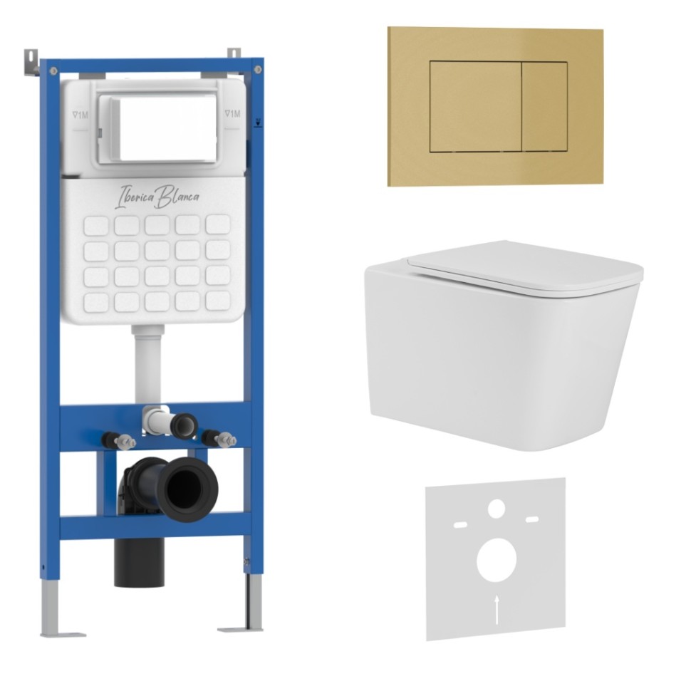 Комплект 3в1 IBERICA BLANCA инсталляция SILENCIO, унитаз TOLEDO ALTO белый, кнопка смыва ESTI-S золото матовое (IB001.TLA.231.854)