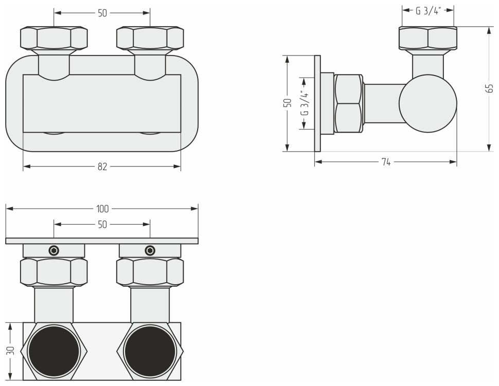 Модуль угловой EU50 (2 х НГ G 3/4" / 2 х НГ G 3/4")