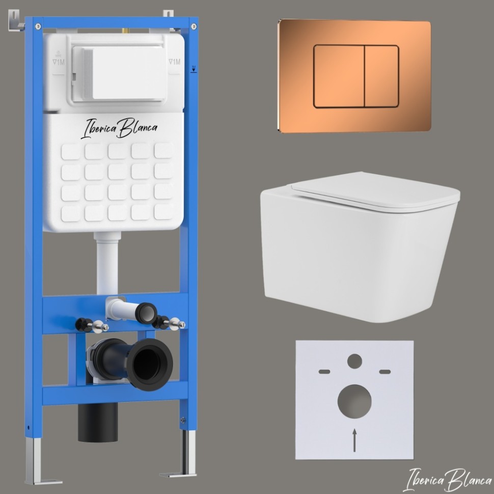 Комплект 3в1 IBERICA BLANCA инсталляция SILENCIO, унитаз TOLEDO ALTO белый, кнопка смыва INOX-C розовое золото глянцевое (IB001.TLA.234.1141)