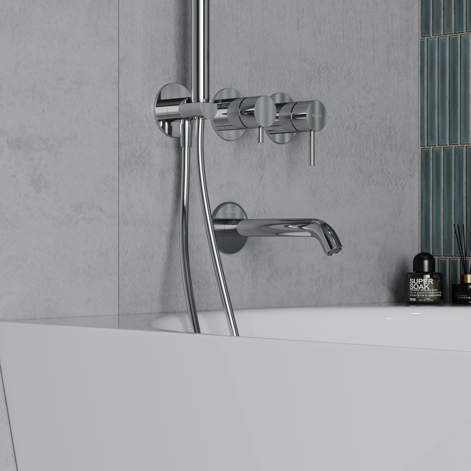 AQM8408CR Набор для комплектации ванны с изливом, верхним и ручным душем, хром