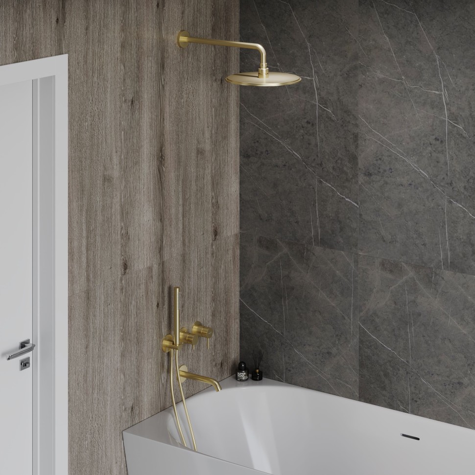 AQM8408BG Набор для комплектации ванны с изливом, верхним и ручным душем, шлифованное золото