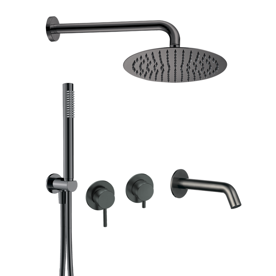 AQM8408GM Набор для комплектации ванны с изливом, верхним и ручным душем, темный металл