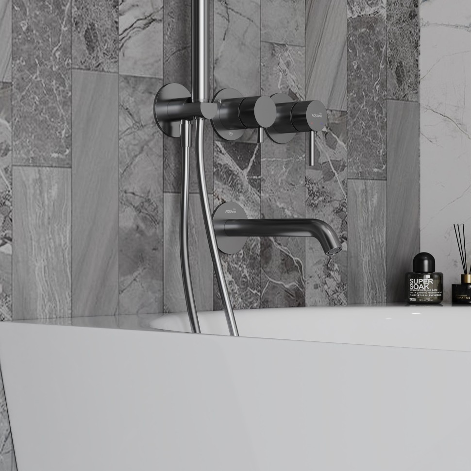 AQM8408GM Набор для комплектации ванны с изливом, верхним и ручным душем, темный металл