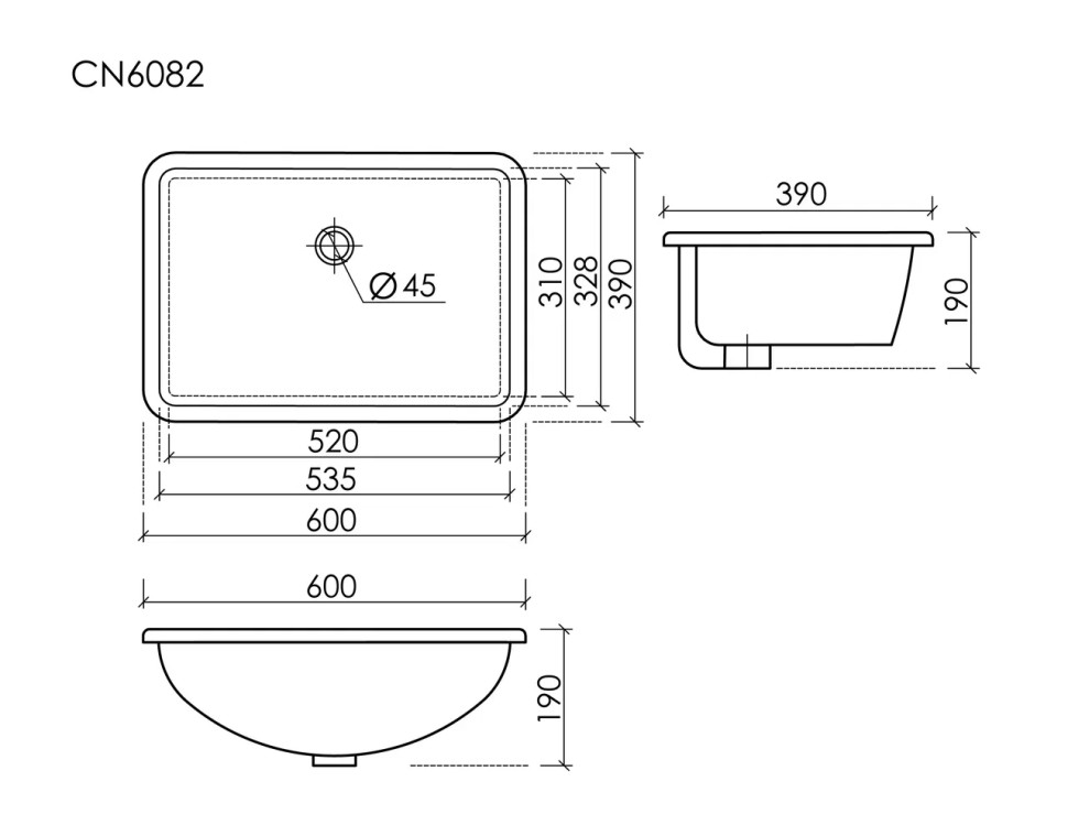 Раковина встраиваемая снизу CERAMICANOVA Era прямоугольной формы с отверстием слива- перелива 600x390x190 мм цвет белый арт. CN6082
