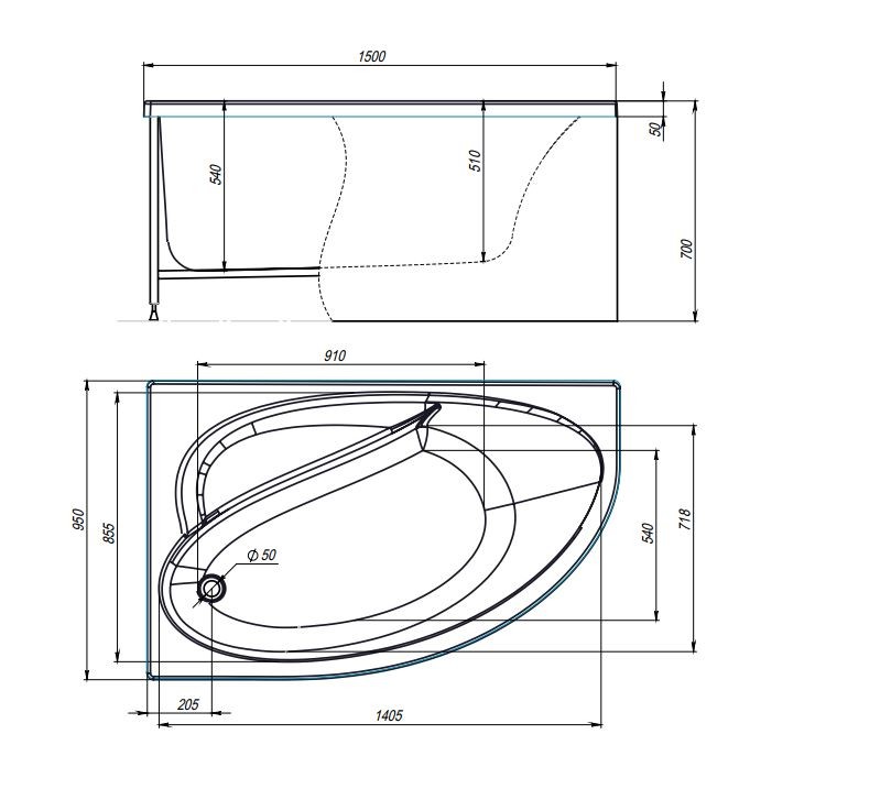 Комплект Акриловая ванна TIMO IVA1595L 150*95*70+Каркас + Слив-перелив