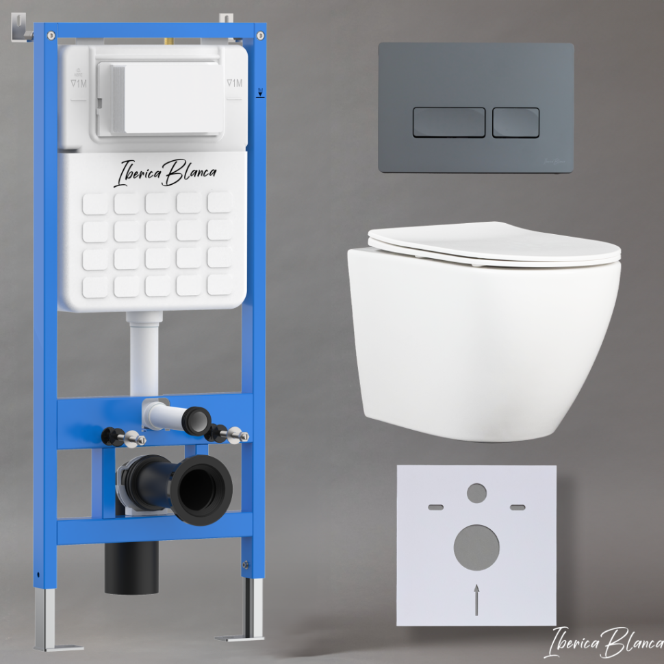 Комплект 3в1 IBERICA BLANCA инсталляция SILENCIO, унитаз BILBAO ALTO белый, кнопка смыва ESTI-R серый матовый (IB001.BLA.231.218)