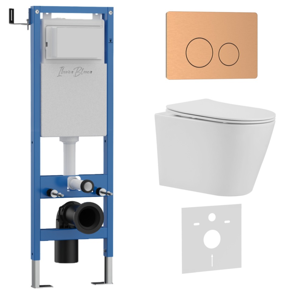 Комплект 3в1 IBERICA BLANCA инсталляция SILENCIO MINI, унитаз BURGOS ALTO белый, кнопка смыва INOX-О розовое золото матовое (IB.001M.BRA.231.8172)