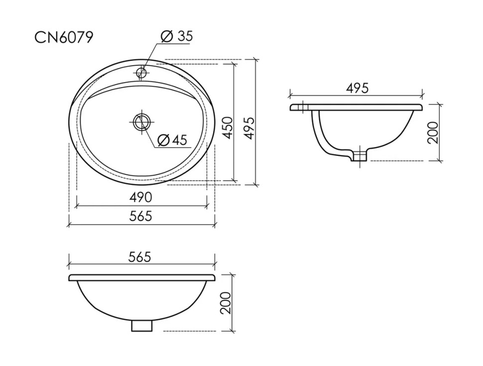 Раковина встраиваемая сверху CERAMICANOVA Sun с отверстием слива - перелива овальной формы 565x495x200 мм цвет белый арт. CN6079