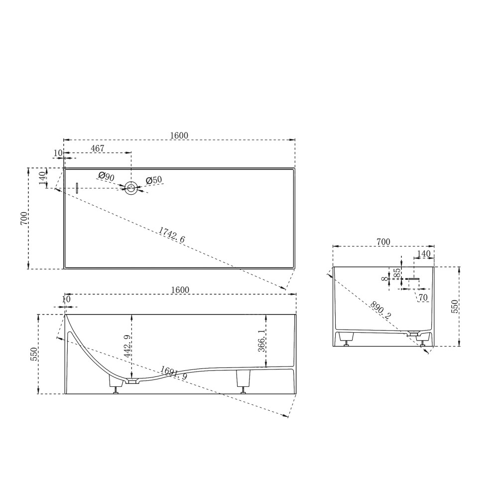Ванна из искусственного камня ABBER Stein AS9640-1.6 белая матовая