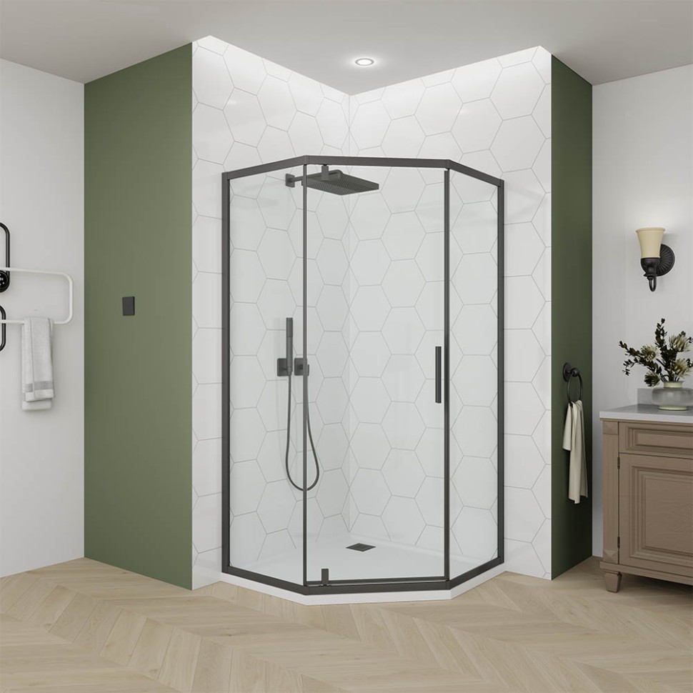 Душевой угол Veconi Ottimo P10 B, 900x900x1900, черный матовый, стекло прозрачное