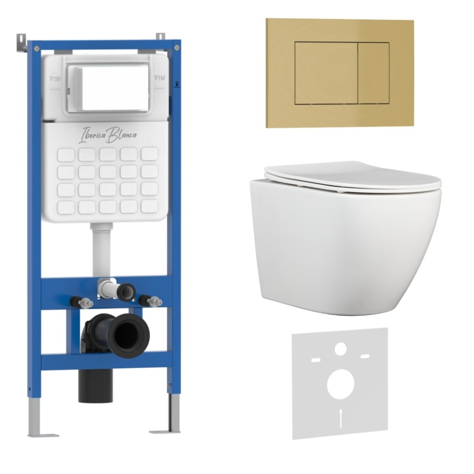 Комплект 3в1 IBERICA BLANCA инсталляция SILENCIO, унитаз BILBAO ALTO белый, кнопка смыва ESTI-S золото матовое (IB001.BLA.234.854)