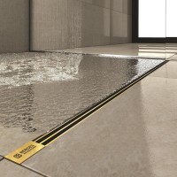 Желоб BERGES водосток напольный SUPER Slim 1000 нержавеющая сталь, золото глянец, S-сифон D50 боковой