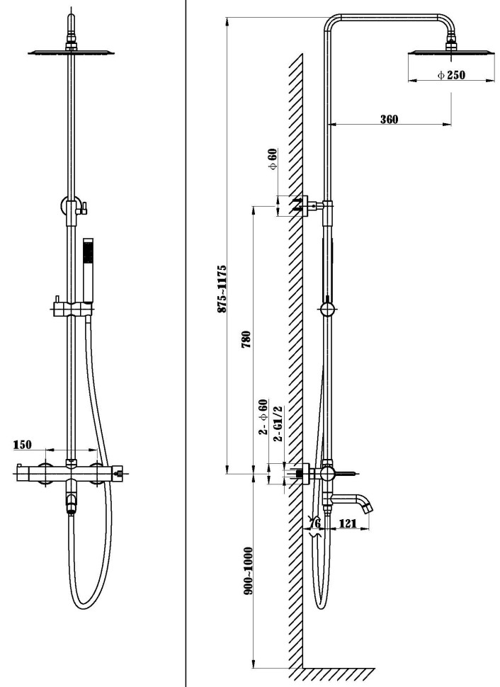 Душевая стойка Villa VSFS-1VL1GM с изливом, 25см верх. душ из нерж. стали, вороненая сталь