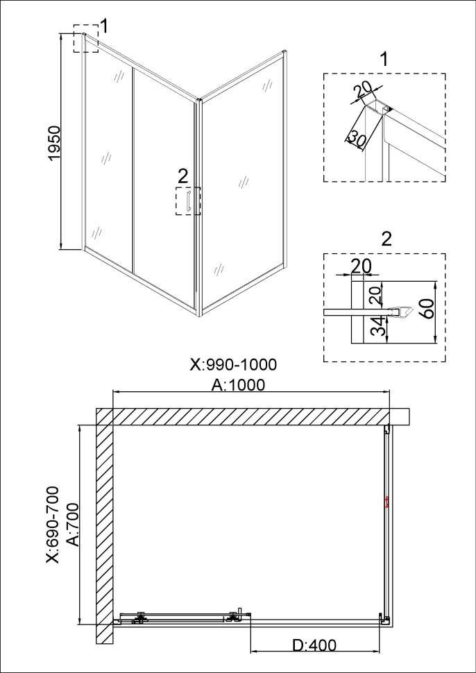 Душевое ограждение Niagara Nova NG-42-10AG-A70G (100х70х195) прямоугольник,золото,двери раздвижные,стекло прозрачное,2 места