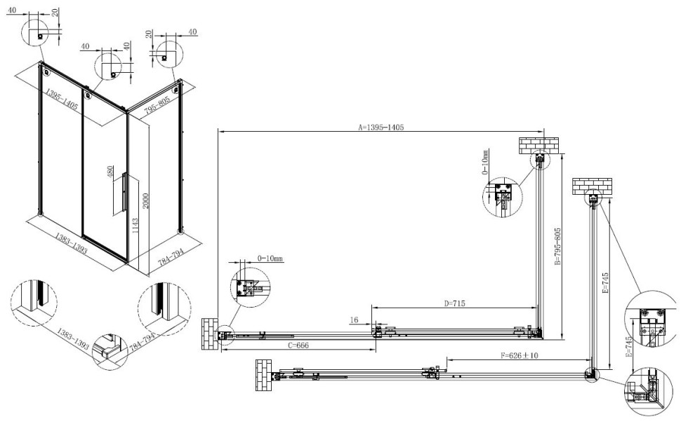 Душевой уголок Ультима (Ultima) VSR-7UL8014CLG, 1400*800, брашированное золото, стекло прозрачное,