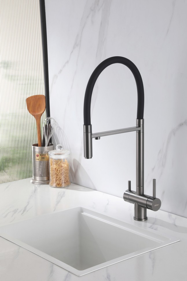 Смеситель ABBER Wasser Kreis AF81141NG для кухни с подключением фильтра и выдвижной лейкой, никель