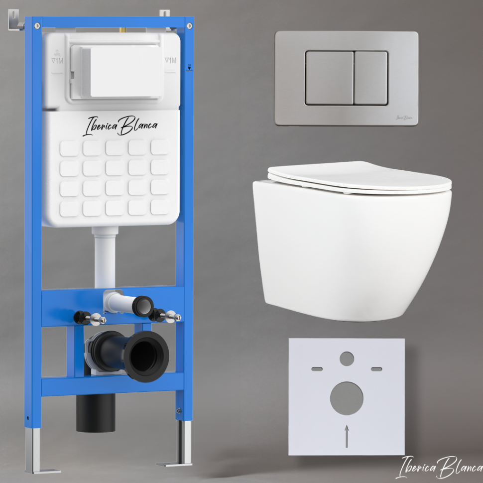 Комплект 3в1 IBERICA BLANCA инсталляция SILENCIO, унитаз BILBAO ALTO белый, кнопка смыва INOX-C хром матовый (IB001.BLA.231.1132)