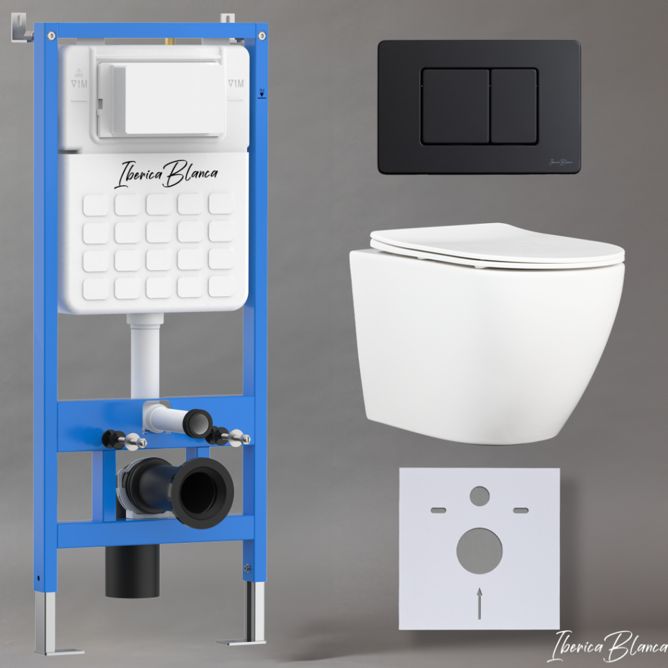 Комплект 3в1 IBERICA BLANCA инсталляция SILENCIO, унитаз BILBAO ALTO белый, кнопка смыва INOX-C черный матовый (IB001.BLA.231.112)