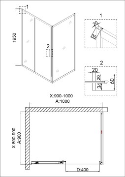 Душевое ограждение Niagara Nova NG-42-10AG-A90G (100х90х195) прямоугольник,золото,двери раздвижные,стекло прозрачное,2 места