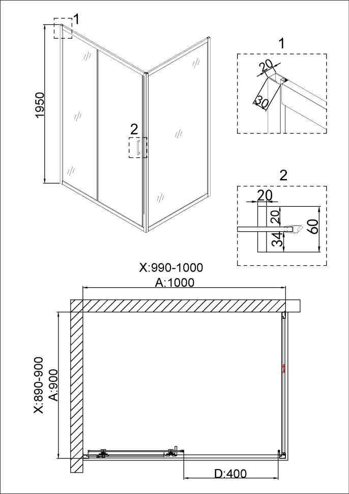Душевое ограждение Niagara Nova NG-42-10AG-A90G (100х90х195) прямоугольник,золото,двери раздвижные,стекло прозрачное,2 места